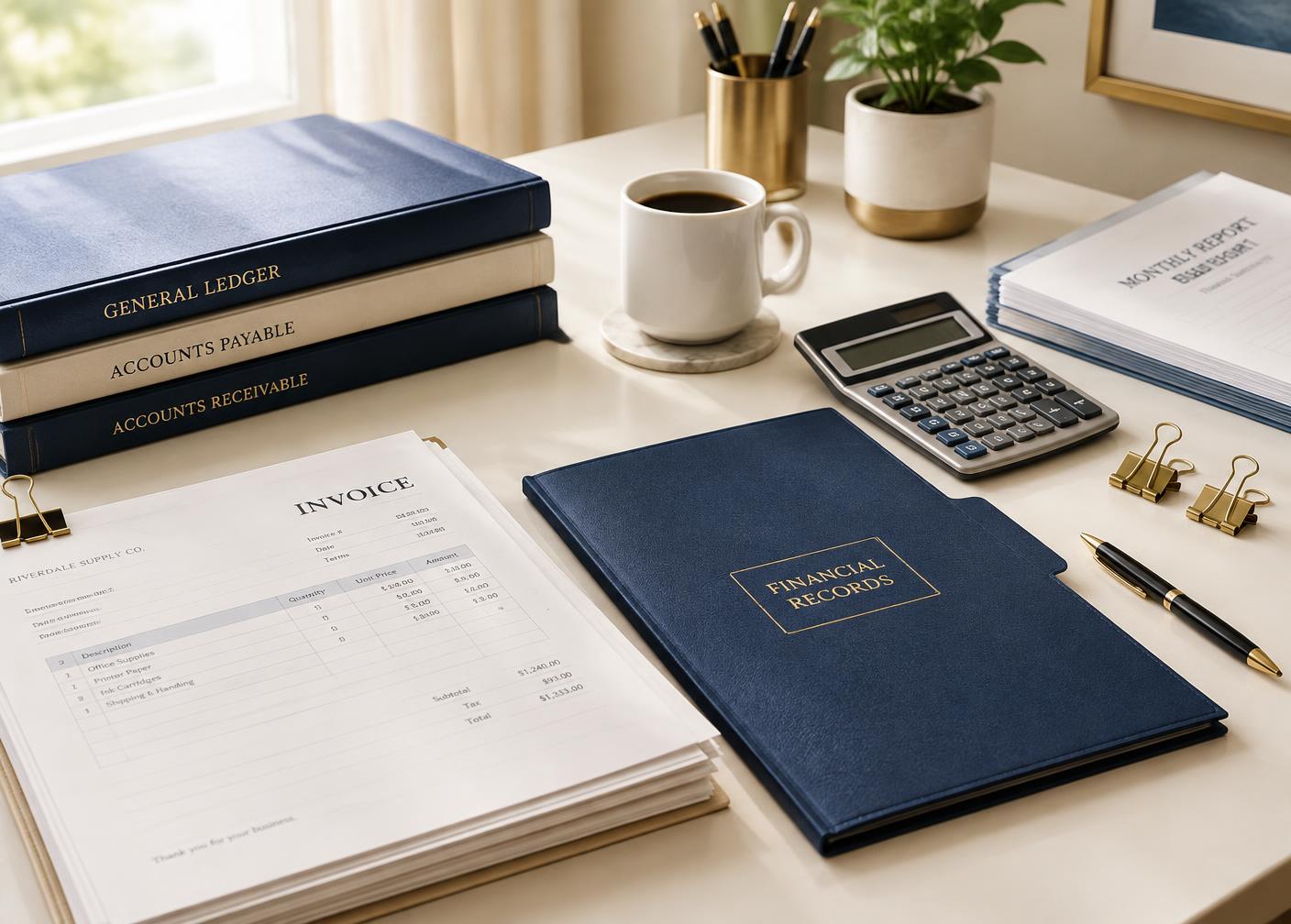 Organized accounting ledgers and records on a desk