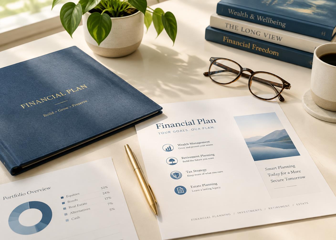 An organized financial planning desk with documents and a blue folder