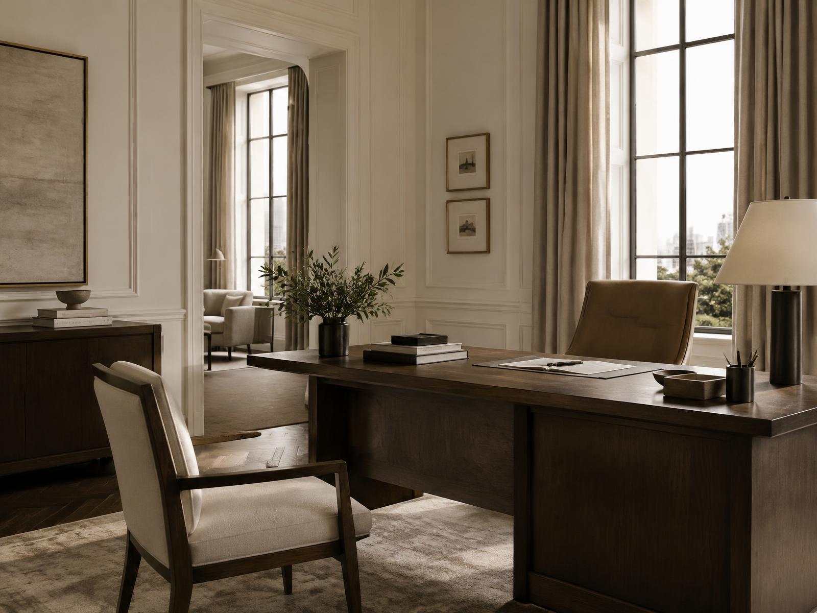 A quiet, well-appointed professional office with natural light
