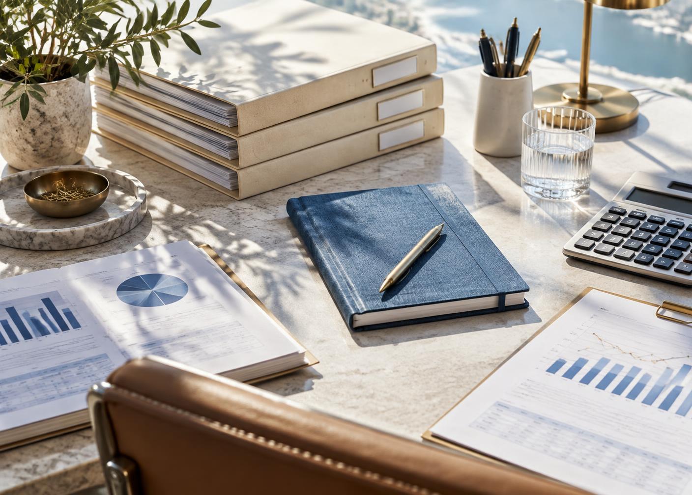 An organized tax planning workspace with reports and a blue notebook